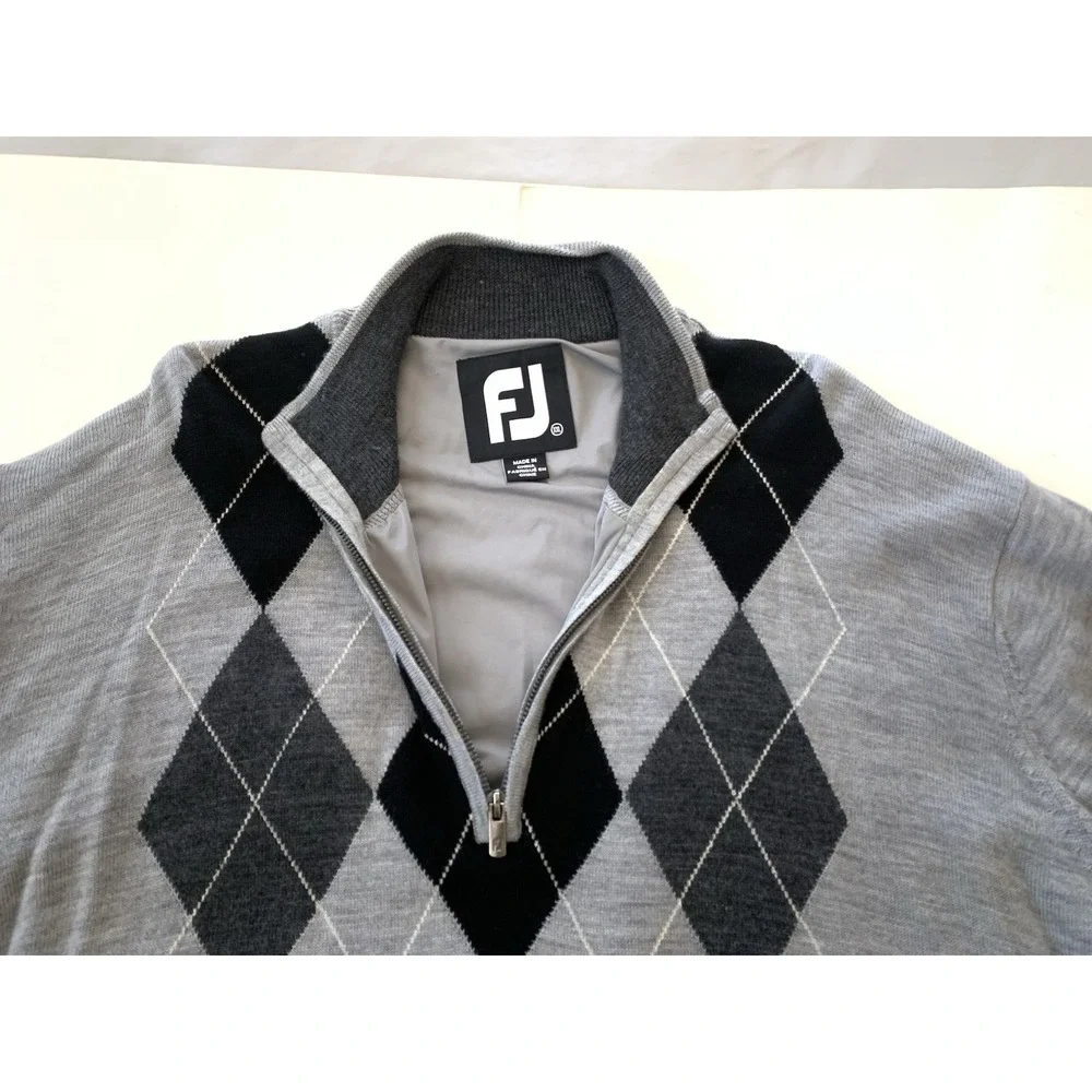 Footjoy Quarter Zip Golf Sweater Mens XXL Gray Black Argyle 100% Wool Logo Lined